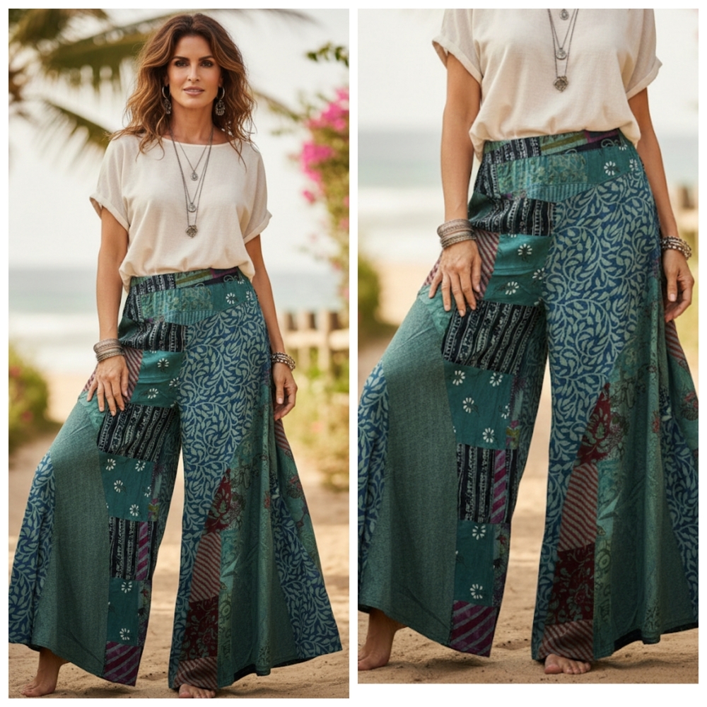 POL Teal and Multicolor Wide-Leg Pants